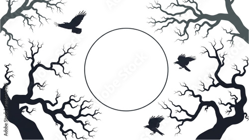 Black silhouettes of creepy gnarled trees and flying crows framing a large full moon on a white background