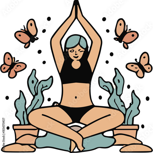 Serene Woman in Black Yoga Outfit Meditates Amidst Butterflies and Lush Plants Under Soft Lighting A Symbol of Inner Peace and Harmony