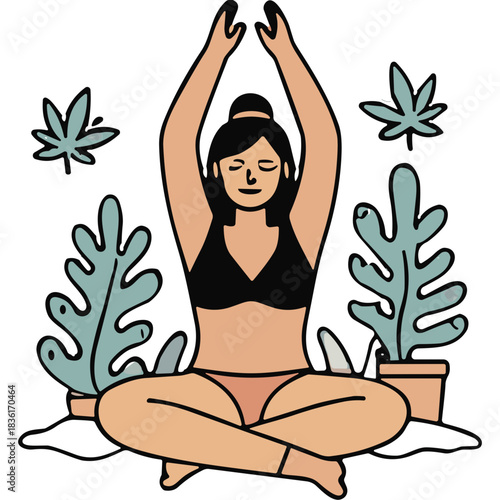 Serene Woman Meditates in Lotus Pose Amidst Lush Greenery and Plants in a Calming Indoor Setting with Soft Lighting