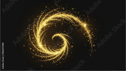 Golden spiral of glittering particles on a dark background creating a magical effect