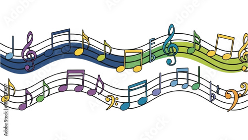 Musical notes flowing on wavy staffs creating a vibrant and colorful rhythm