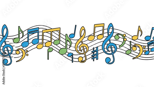 Musical notes and symbols creating a rhythmic border on a white background