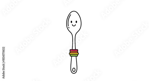 A cute and colorful cartoon spoon with a happy smiling face, featuring a vibrant red, yellow, and green handle design on a white background.