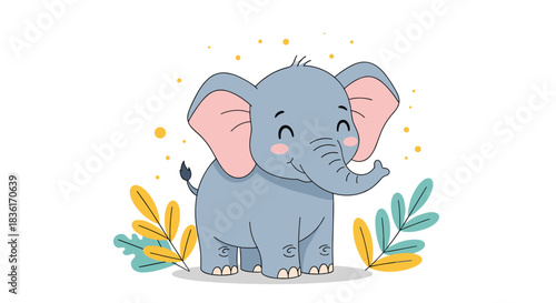 A cute cartoon baby elephant with big pink ears happily stands among green and yellow leaves, surrounded by golden dots on a white background.