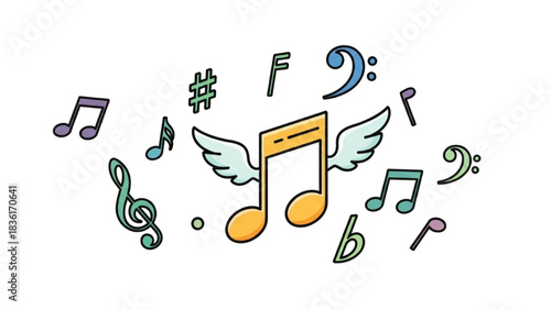 Musical Notes and Symbols with Wings, Representing Harmony and Creativity