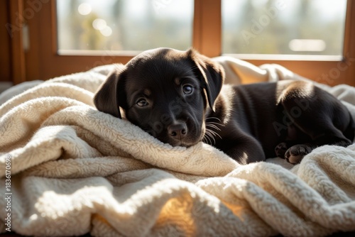 Ruhender Welpe auf einem gemütlichen Bett mit warmem Licht
