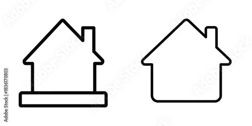 Two minimalist black and white outline icons of houses, one with a base and chimney, the other simpler.