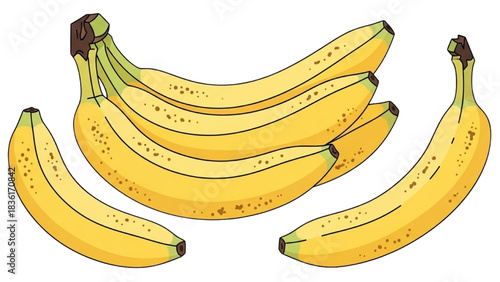 A set of ripe yellow bananas, including a large bunch and two single fruits, isolated on a white background
