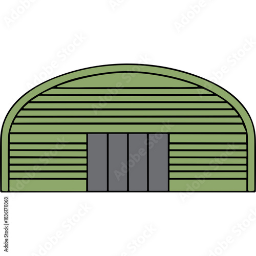 Simple Illustration Of A Green Quonset Hut With Three Grey Doors On A Black Background Suitable For Military Or Storage Purposes