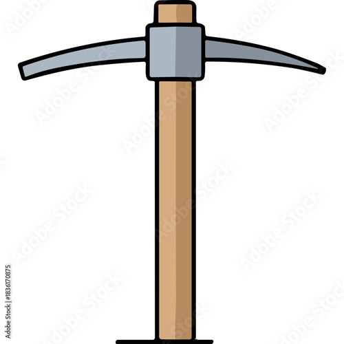 Simple illustration of a pickaxe tool with a wooden handle and a metal head on a black background for mining and construction purposes