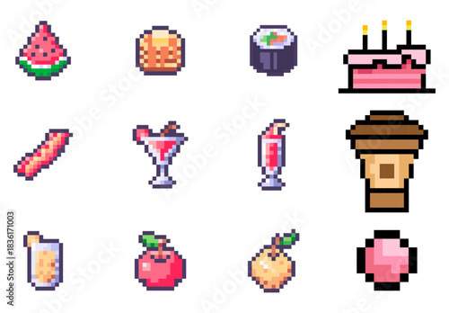 Pixel Art Food, Drinks & Celebration Items Elements Collection