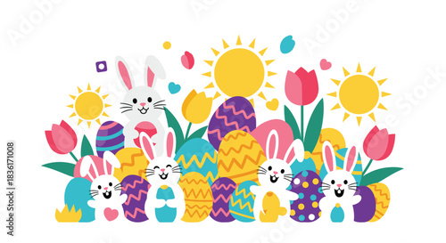 Happy Easter illustration featuring a group of cute bunnies, colorful patterned eggs, blooming tulips, and bright suns, symbolizing spring joy.