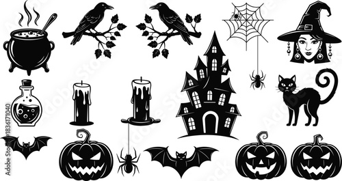 Halloween silhouette icon collection featuring carved pumpkins, witch's cauldron, haunted house, black cat, bats, spiders, raven, and spooky witch, perfect for holiday decoration.