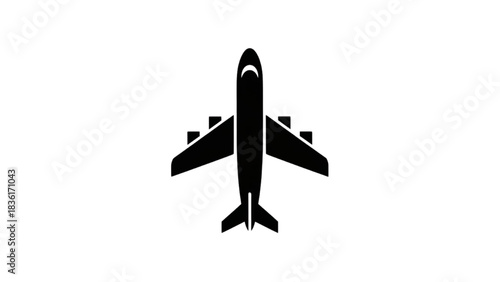 Minimalist black silhouette of an airplane in flight, symbolizing global travel, aviation, and transport. Perfect for web icons and app interfaces