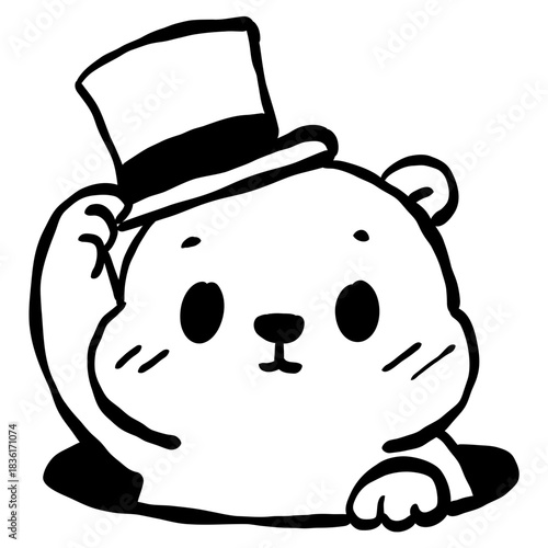 Cute groundhog tipping top hat simple line art adorable woodland animal illustration emerging from burrow minimalist black and white doodle style charming design