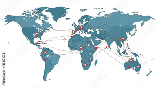 Global travel routes visualized on a world map with connecting lines and markers