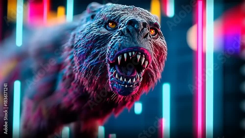 Cyberpunk Werewolf Roaring in Neon Cityscape - Digital Art.