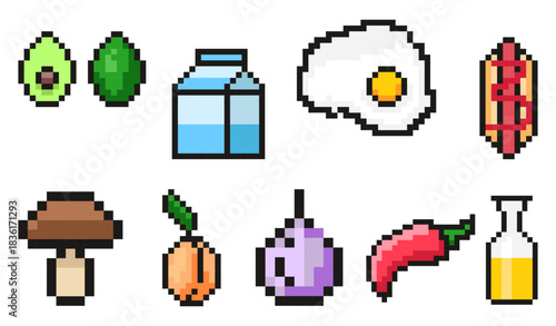 Pixel Art Food Ingredients & Grocery Items Elements Collection