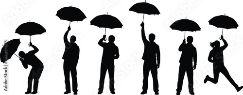 Diverse silhouette collection of people holding black umbrellas in various positions, including standing, running, and bending, depicting rain, bad weather, protection, and outdoor life in the city.