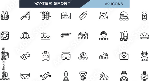 Aquatic water sport competition on pool or sea athlete detailed outline line icon set vector illustration