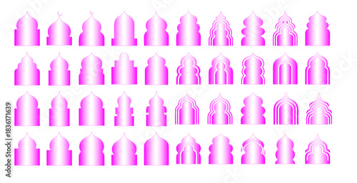 Collection of black silhouette islamic arch shapes decorative architectural elements for mosque palace or other building design on a white background