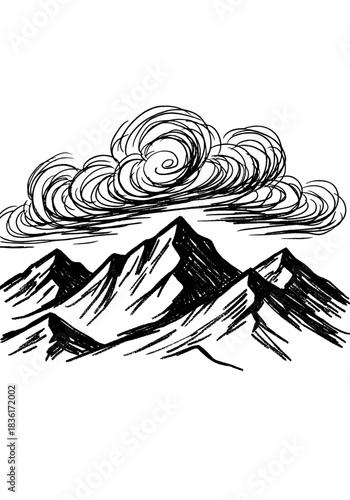 Dramatic hand-drawn sketch of mountain peaks under a heavy, swirling cumulus cloud, featuring a rugged, textured black and white style