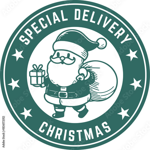 Handdrawn Cute Santa Claus with Gift Delivery Christmas Stamp Illustration
