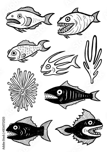 Grunge sketch collection of menacing deep sea creatures, set of hand-drawn predatory fish with sharp teeth and spooky underwater plants