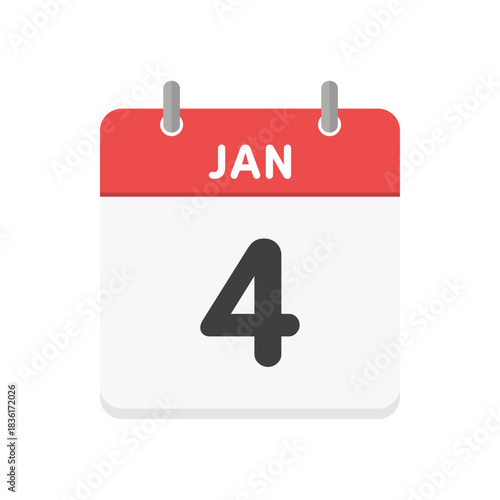 1月4日･JAN 4の日めくりカレンダーのアイコン - 1/4の日付入りのシンプルな赤い英語の暦
