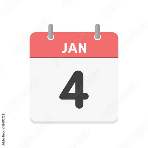 1月4日･JAN 4の日めくりカレンダーのアイコン - 1/4の日付入りの赤い色の英語の暦