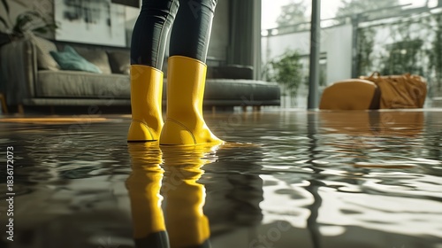 Person standing in a flooded modern living room wearing yellow boots during water damage
