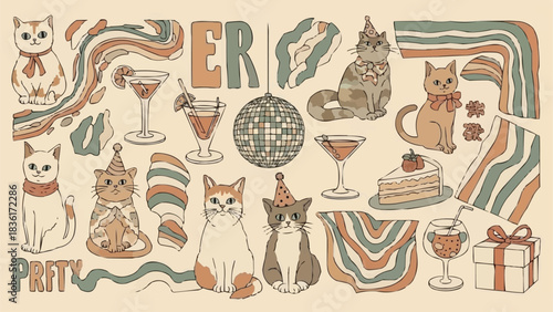 Groovy retro party cats with cocktails and disco ball illustrations.