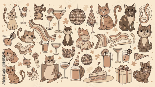 A delightful collection of cats celebrating with party hats and drinks.