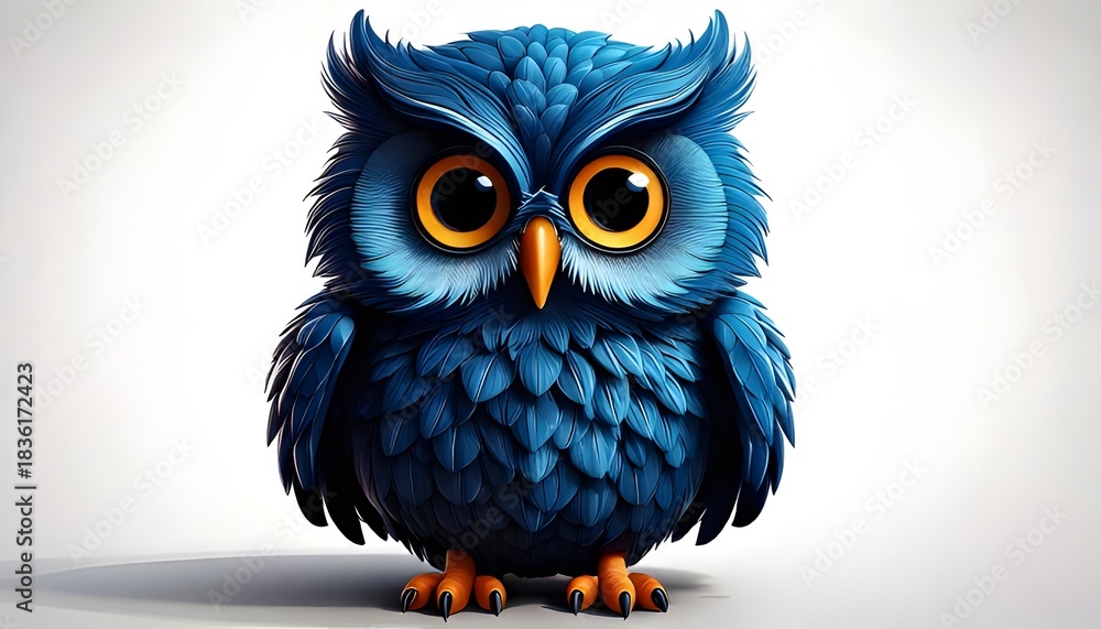 Fototapeta premium Cartoon Owl with Large Eyes and Blue Feathers