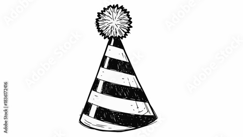 Black and white party hat with stripes and a pompom on top.