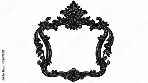 An elegant and sophisticated black ornamental frame, showcasing classic baroque and rococo scrollwork, ideal for luxurious design projects seeking a vintage aesthetic and decorative refinement