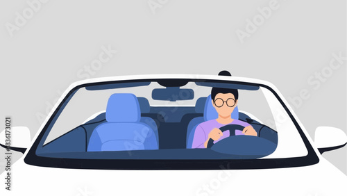 A person wearing glasses driving a convertible car, enjoying a scenic journey with the top down on a sunny day, showcasing personal freedom and the joy of road trips