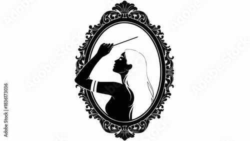 Silhouette of a woman with long flowing hair holding a magic wand above her head inside an ornate oval frame, representing fantasy and enchantment