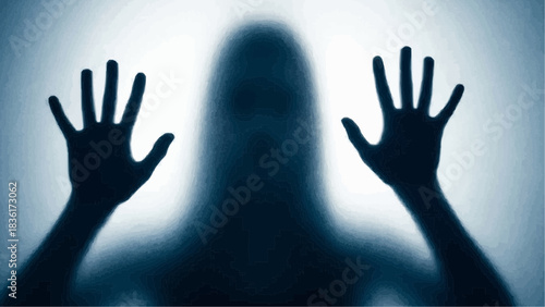 Shadowy figure with hands pressed against frosted glass, creating a haunting, obscured silhouette, conveying themes of mystery, fear, and isolation in a dark, ethereal atmosphere