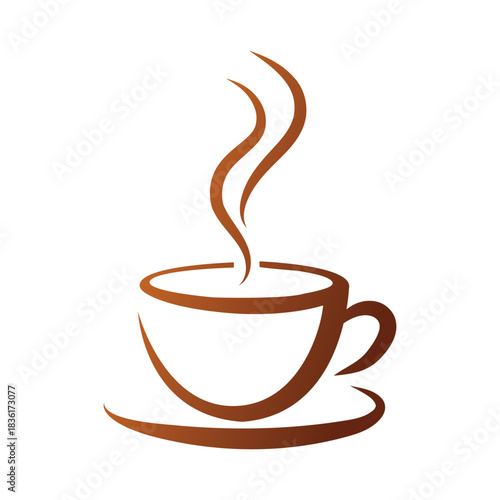 Stylized illustration of a steaming cup of coffee or tea on a saucer with a minimalist design