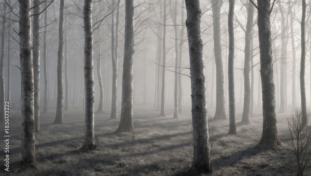 Fototapeta premium Misty Forest Scene with Bare Trees and Sunlit Fog.