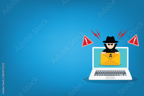 Cyber thief hide behind spam e-mail. 	
Email data phishing. Hacking concept. Vector illustration	