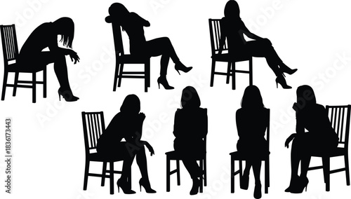 Large Set of Seven Black Silhouettes of a Woman Sitting on a Chair in Different Relaxed and Pensive Poses, Isolated Vector Illustration.