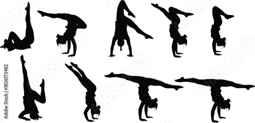Large silhouette collection of female gymnasts and acrobats performing various handstand, handspring, and upside-down balance poses, depicting flexibility, training, and athletic skill.