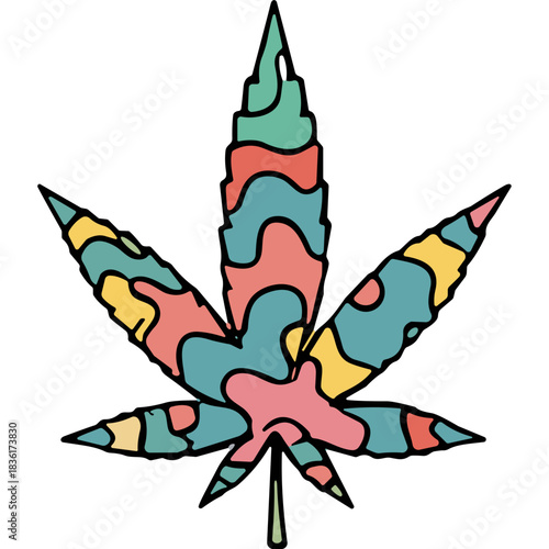 Stylized Cannabis Leaf Illustration with Abstract Wavy Pattern in Teal Pink Yellow and White on Black Background