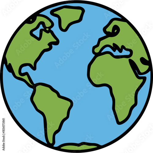 Stylized cartoon illustration of planet Earth showing continents of North America South America Africa and Europe surrounded by blue ocean water with bold black outlines