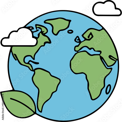 Stylized Drawing of Planet Earth with Continents in Green and Blue Oceans Surrounded by a Single Green Leaf Representing Ecology and Conservation
