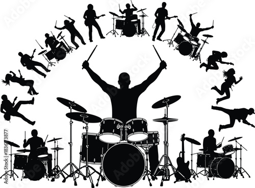 Large Collection of Black Silhouettes Featuring a Rock Band Drummer and Guitarists with Fans Jumping and Cheering, Concert Vector Illustration.
