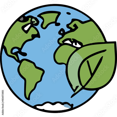 Stylized Earth Globe with Green Continents and Floating Leaves Symbolizing Environmentalism and Nature Conservation against a Blue Background