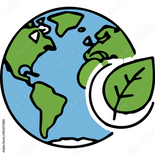 Stylized Earth With Green Continents And Blue Oceans Beside Lush Green Leaf And Dark Shadow Suggesting Environmental Protection And Green Energy Conservation